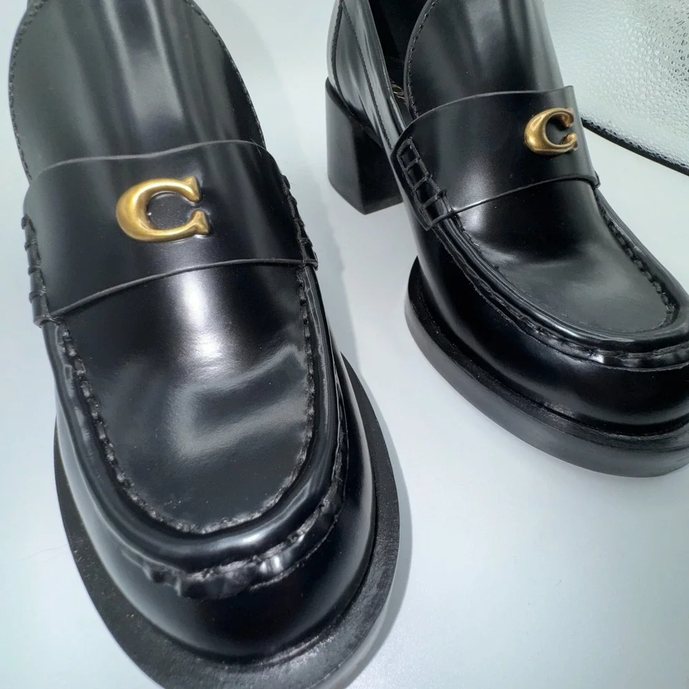 Coach Natalie‎ Womens Loafer 6 Black Leather Block Heels Chunky Sole Y2K Shoes
